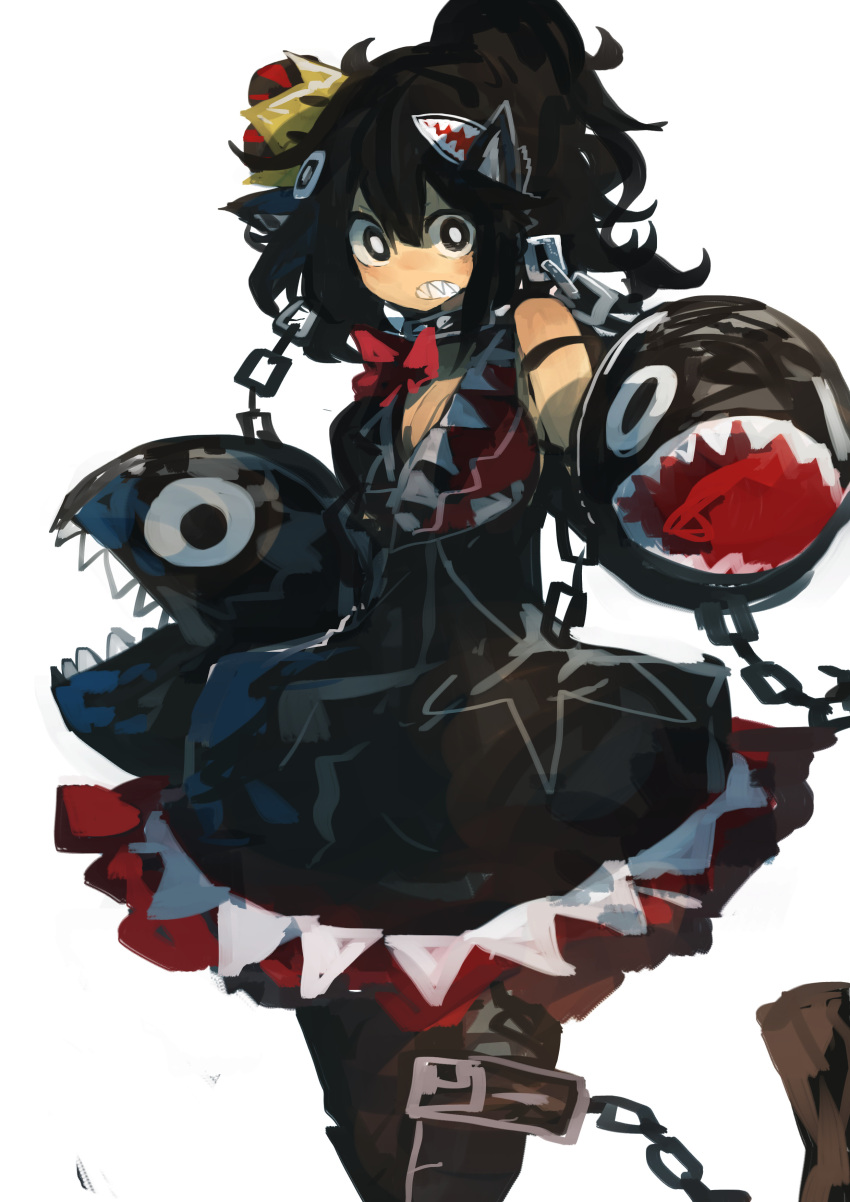 1girl absurdres black_eyes black_hair chains commentary_request crown dress highres kaamin_(mariarose753) looking_at_viewer super_mario_bros. new_super_mario_bros._u_deluxe nintendo princess_chain_chomp sharp_teeth simple_background sketch solo super_crown teeth white_background