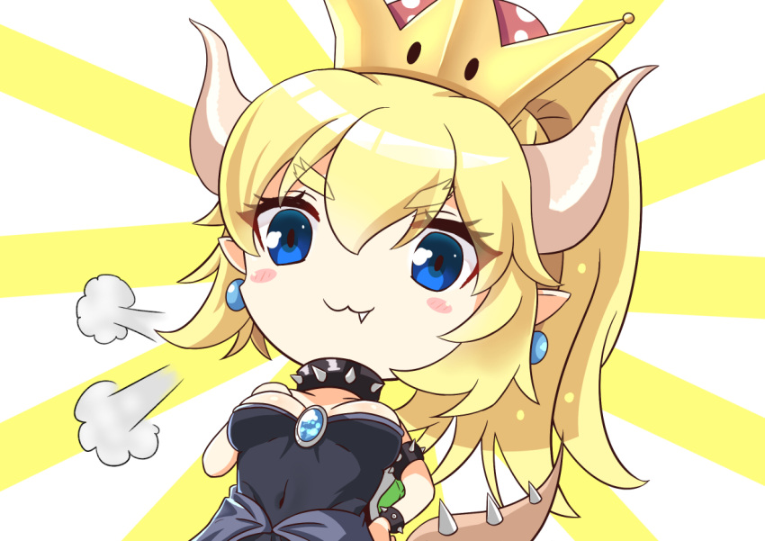 1girl :3 bangs black_dress blonde_hair blue_eyes blush_stickers bowsette bracelet breasts closed_mouth collar crown dress earrings eyebrows_visible_through_hair fang fang_out hair_between_eyes horns jewelry long_hair super_mario_bros. medium_breasts mini_crown new_super_mario_bros._u_deluxe nintendo pointy_ears solo spiked_bracelet spiked_collar spiked_tail spikes strapless strapless_dress sunburst super_crown synn032 tail turtle_shell
