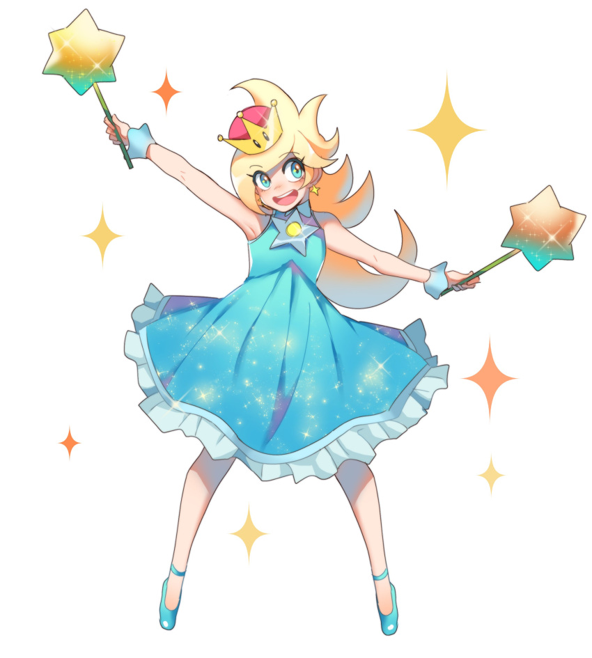 1girl absurdres bare_arms blonde_hair blue_eyes chiko_(mario) crown dress earrings full_body highres jewelry lumalina super_mario_bros. nintendo solo star star_bit super_crown super_mario_galaxy xenvita