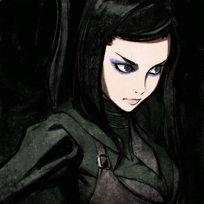 1girl black_background black_eyes black_hair closed_mouth ergo_proxy eyeshadow face ilya_kuvshinov lips long_hair makeup re-l_mayer simple_background solo upper_body