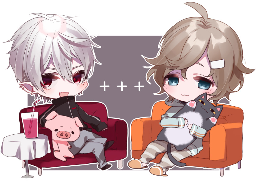 2girls :3 :d ahoge brown_hair copyright_request couch cup drinking_straw grey_eyes highres misumi_(macaroni) multiple_girls on_couch open_mouth pig red_eyes short_hair silver_hair sitting smile stuffed_animal stuffed_pig stuffed_toy table tablecloth