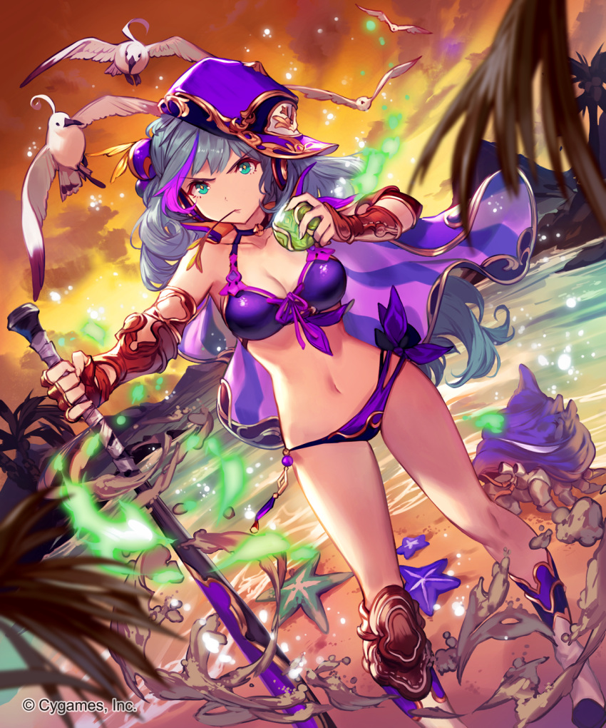 1girl animal bare_shoulders baseball baseball_bat baseball_cap beach bikini bird blue_eyes blurry blurry_foreground boots bracer braid breasts cape character_request cleavage closed_mouth clouds cloudy_sky depth_of_field dutch_angle fire gauntlets grey_hair hair_between_eyes hand_up hat hermit_crab highres holding large_breasts lee_hyeseung long_hair looking_at_viewer mouth_hold navel ocean official_art orange_sky outdoors oversized_animal purple_bikini purple_hat sand seagull shingeki_no_bahamut side-tie_bikini sideways_hat single_braid sky solo standing summer sunset swimsuit very_long_hair watermark