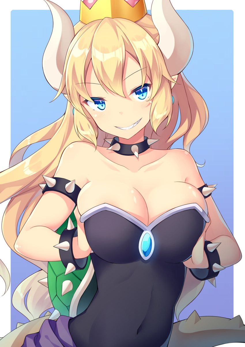 1girl amemiya_ruki bare_shoulders black_dress blonde_hair blue_background blue_eyes bowsette bracelet breast_squeeze breasts collar collarbone commentary_request covered_navel dress earrings eyebrows_visible_through_hair grin highres horns jewelry large_breasts long_hair looking_at_viewer super_mario_bros. new_super_mario_bros._u_deluxe nintendo parted_lips pointy_ears sharp_teeth simple_background smile solo spiked_armlet spiked_bracelet spiked_collar spiked_shell spiked_tail spikes strapless strapless_dress super_crown teeth turtle_shell v-shaped_eyebrows