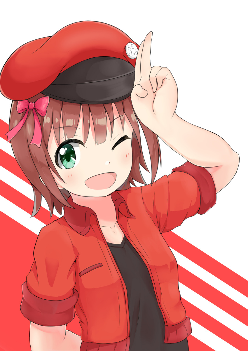 1girl ;d absurdres amami_haruka arm_behind_back arm_up bangs black_shirt blush bow breasts brown_hair cabbie_hat collarbone collared_jacket cosplay cropped_jacket eyebrows_visible_through_hair feiyyx green_eyes hair_between_eyes hair_bow hat hataraku_saibou highres idolmaster idolmaster_(classic) jacket long_hair looking_at_viewer one_eye_closed open_clothes open_jacket open_mouth red_background red_blood_cell_(hataraku_saibou) red_blood_cell_(hataraku_saibou)_(cosplay) red_bow red_hat red_jacket shirt short_sleeves small_breasts smile solo two-tone_background white_background