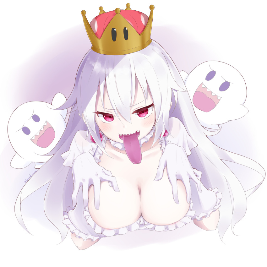 1girl bangs blush boo breasts cleavage crown earrings eyebrows_visible_through_hair gloves hair_between_eyes highres jewelry large_breasts lemonolemone long_hair long_tongue looking_at_viewer luigi's_mansion super_mario_bros. new_super_mario_bros._u_deluxe nintendo open_mouth pink_eyes princess_king_boo sharp_teeth solo super_crown super_mario_bros. teeth tongue tongue_out v-shaped_eyebrows white_gloves white_hair white_skin