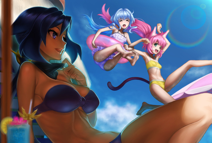 &gt;_o 3girls animal_ears armpits arms_up ass ayame_(gundam_build_divers) bare_shoulders barefoot bikini black_hair blue_hair breasts casual_one-piece_swimsuit cat_ears cat_tail cleavage closed_eyes clouds commentary_request cup drinking_glass fangs feet food fruit green_eyes gundam gundam_build_divers hair_intakes innertube jumping kyodairobo leaning_back legs lemon long_hair momo_(gundam_build_divers) multiple_girls one-piece_swimsuit one_eye_closed open_mouth outdoors paw_pose pink_hair ponytail purple_bikini purple_swimsuit sara_(gundam_build_divers) sitting sky smile soles swimsuit swimsuit_skirt tail toes violet_eyes yashiro_momoka yellow_bikini yellow_swimsuit
