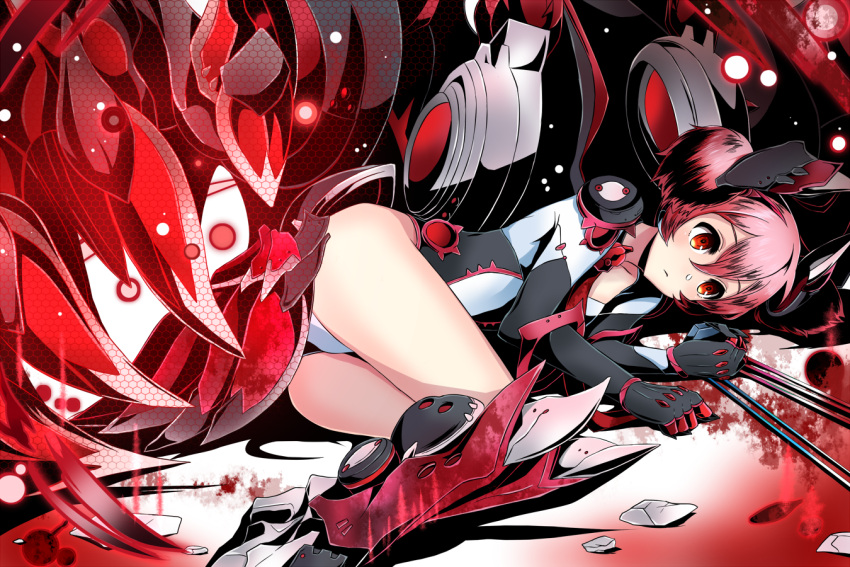 1girl armored_boots black_gloves boots collarbone divine_gate getsuyoubi gloves hair_between_eyes headgear leotard lying on_side pink_hair red_eyes shiny shiny_hair short_hair solo twintails