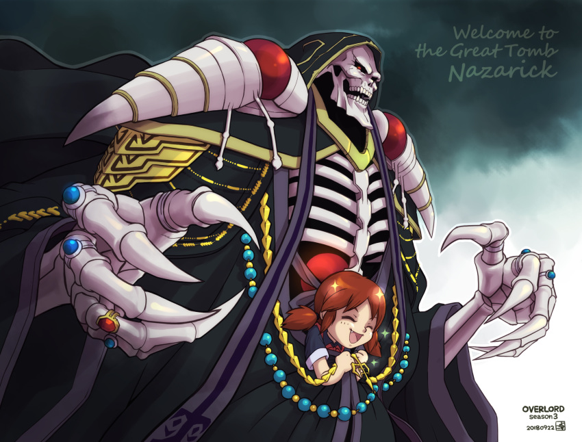 1boy 1girl :d ainz_ooal_gown black_robe black_sclera brown_hair closed_eyes copyright_name dated fang fangs highres hood hood_up jewelry joshua2368 lich long_sleeves looking_at_viewer low_twintails necromancer nemu_emmot open_mouth overlord_(maruyama) red_eyes ring robe skeleton smile sparkle standing twintails wide_sleeves