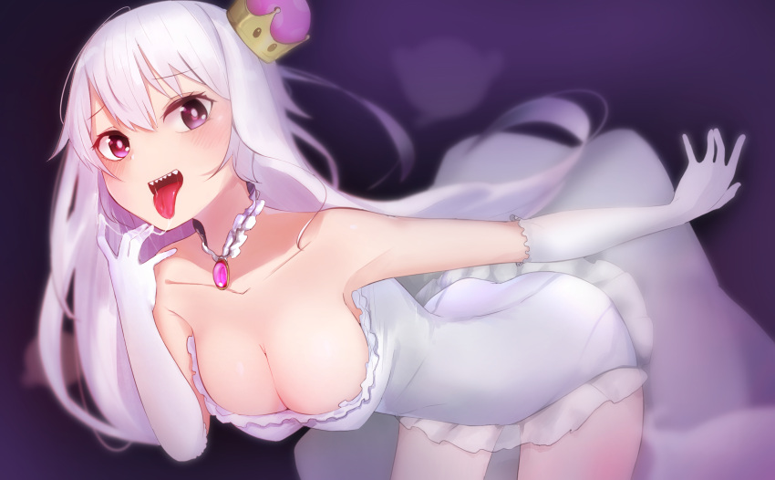 1girl :p bare_shoulders bent_over boo breasts cleavage collarbone crown cthlo dress ghost gloves highres large_breasts long_hair looking_at_viewer luigi's_mansion super_mario_bros. new_super_mario_bros._u_deluxe nintendo open_mouth personification princess_king_boo red_eyes saliva see-through sharp_teeth skirt solo strapless strapless_dress teeth tongue tongue_out violet_eyes white_dress white_gloves white_hair
