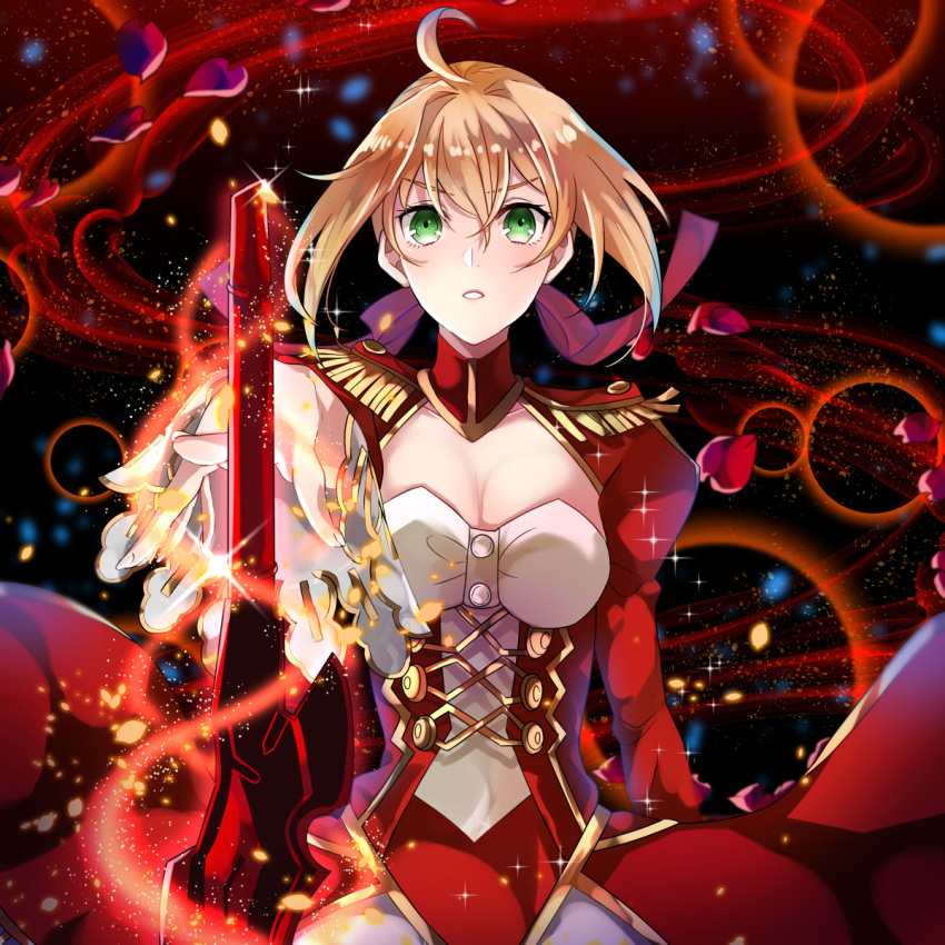 1girl ahoge blonde_hair breasts choker cleavage collarbone corset dress eyebrows_visible_through_hair fate/extra fate_(series) floating_hair getsuyoubi green_eyes hair_between_eyes hair_ribbon highres long_dress medium_breasts nero_claudius_(fate) nero_claudius_(fate)_(all) outstretched_arm parted_lips petals red_ribbon ribbon shiny shiny_hair sidelocks solo sparkle sword upper_body weapon