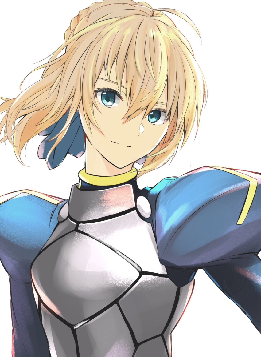 1girl ahoge armor armored_dress artist_request artoria_pendragon_(all) bangs blonde_hair blue_dress blue_eyes blue_ribbon braid breastplate closed_mouth dress fate/stay_night fate_(series) hair_between_eyes hair_bun hair_ribbon highres juliet_sleeves long_sleeves looking_at_viewer puffy_sleeves ribbon saber short_hair simple_background smile smug solo upper_body white_background