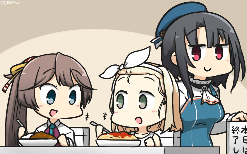 +++ 3girls :d adapted_costume apron beret black_hair blonde_hair blue_apron blue_eyes blue_hat blush brown_eyes brown_hair collarbone curry dated food hairband hamu_koutarou hat highres holding holding_spoon i-504_(kantai_collection) kantai_collection kazagumo_(kantai_collection) long_hair luigi_torelli_(kantai_collection) multiple_girls open_mouth pasta ponytail red_eyes short_hair smile spoon takao_(kantai_collection) white_hairband