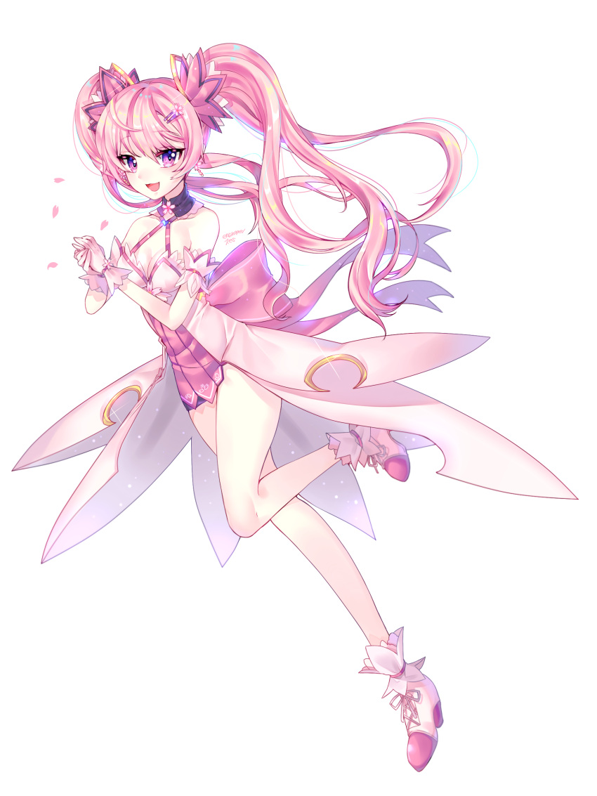 1girl :3 absurdres aisha_(elsword) breasts cherry_blossoms dimension_witch_(elsword) elsword eyebrows_visible_through_hair gloves hand_on_hand highres long_hair magical_girl medium_breasts pink_hair ribbon smile thighs twintails violet_eyes xes_(xes_5377)