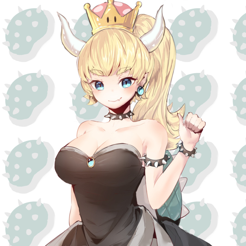 1girl absurdres bare_shoulders blonde_hair blue_eyes bowsette bracelet breasts collar crown dopoing dress highres horns jewelry large_breasts super_mario_bros. nintendo ponytail sharp_teeth spiked_armlet spiked_bracelet spiked_collar spiked_shell spikes strapless strapless_dress super_crown super_mario_bros. teeth turtle_shell