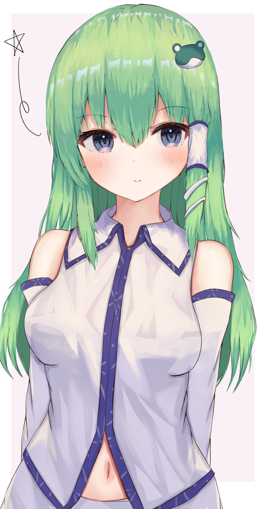 1girl absurdres aohane arms_behind_back bangs bare_shoulders blush border breasts closed_mouth detached_sleeves dot_nose eyebrows_visible_through_hair frog_hair_ornament green_hair grey_background hair_between_eyes hair_ornament hair_tubes highres kochiya_sanae long_hair looking_at_viewer medium_breasts navel outside_border simple_background smile snake_hair_ornament solo star_(symbol) touhou upper_body vest violet_eyes white_border white_vest wing_collar