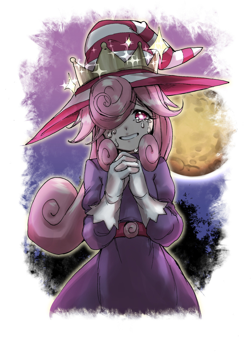 1girl absurdres artist_request crown crying crying_with_eyes_open curly_hair dress full_moon grin hair_over_one_eye hands_clasped hat highres juliet_sleeves long_hair long_sleeves looking_at_viewer super_mario_bros. moon new_super_mario_bros._u_deluxe nintendo own_hands_together paper_mario pink_eyes pink_hair puffy_sleeves purple_dress rx_hts smile solo sparkle striped_hat super_crown super_mario_bros. tears vivian_(paper_mario) witch_hat