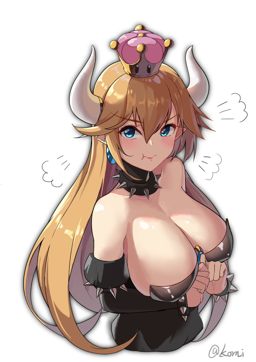 1girl :t armlet bare_shoulders black_dress blonde_hair blue_eyes bowsette bracelet breasts cleavage closed_mouth collar crown detached_collar detached_sleeves dress earrings gem highres horns jewelry large_breasts loading_(vkjim0610) long_hair looking_at_viewer super_mario_bros. new_super_mario_bros._u_deluxe nintendo pointy_ears ponytail pout revealing_clothes solo spiked_bracelet spiked_collar spikes strapless strapless_dress super_crown super_mario_bros. twitter_username very_long_hair