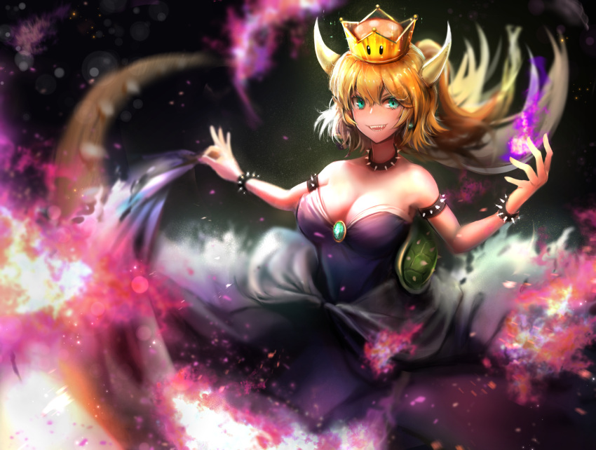 1girl bare_shoulders black_dress blonde_hair blue_eyes blurry bowsette bracelet breasts cleavage collar commentary_request depth_of_field dress earrings fire glint hair_between_eyes harunatsu_akifumi highres horns jewelry large_breasts long_hair super_mario_bros. new_super_mario_bros._u_deluxe nintendo open_mouth ponytail sharp_teeth shell skirt_hold smile solo spiked_armlet spiked_bracelet spiked_collar spiked_tail spikes strapless strapless_dress super_crown teeth v-shaped_eyebrows
