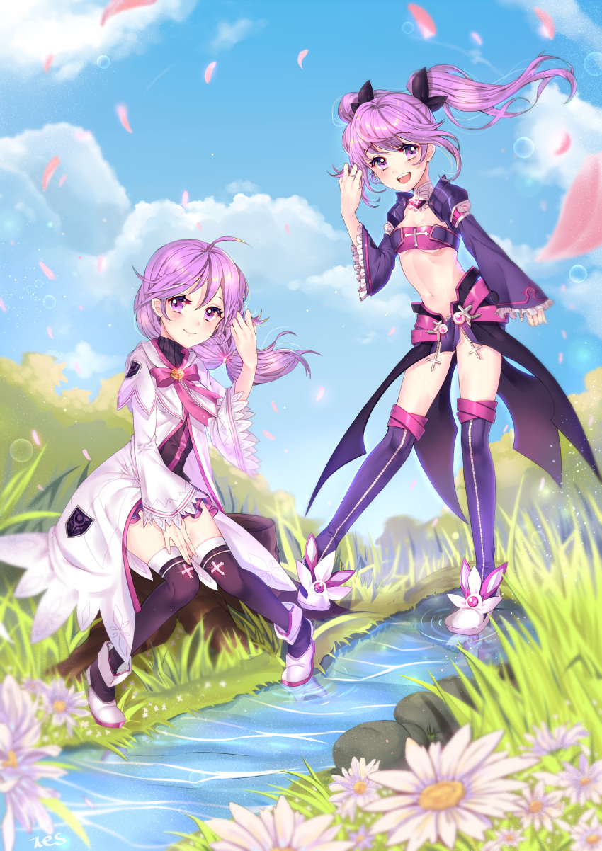 2girls absurdres aisha_(elsword) clouds elemental_master_(elsword) elsword eyebrows_visible_through_hair floral_background highres holding holding_hair midriff multiple_girls navel petals ribbon sky smile stream symbol twintails void_princess_(elsword) wind xes_(xes_5377)