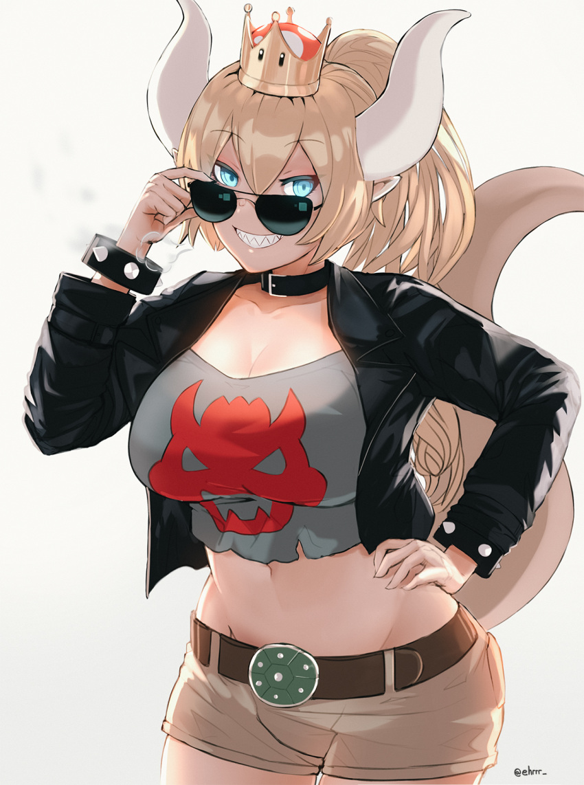 1girl alternate_costume belt black_jacket blonde_hair blue_eyes bowsette bracelet breasts collar collarbone cowboy_shot crop_top crown ehrrr eyebrows_visible_through_hair genderswap genderswap_(mtf) highres horns jacket jewelry large_breasts long_sleeves super_mario_bros. midriff navel new_super_mario_bros._u_deluxe nintendo ponytail sharp_teeth short_shorts shorts smile solo spiked_bracelet spikes sunglasses super_crown tail teeth