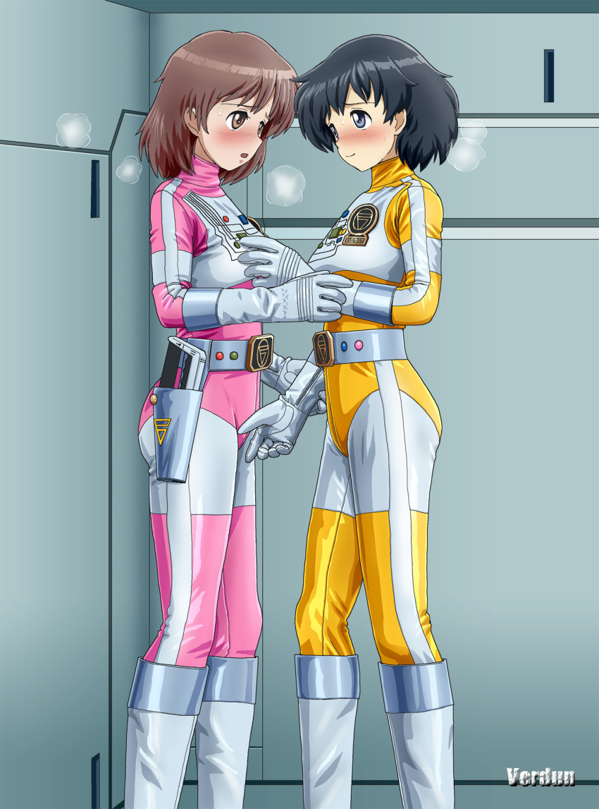 2girls artist_name bangs belt black_hair blue_eyes blush bodysuit boots brown_eyes brown_hair choudenshi_bioman closed_mouth commentary_request gloves hand_on_another's_arm hand_on_another's_chest helmet highres looking_at_another multiple_girls open_mouth pink_five short_hair skin_tight standing super_sentai verdun_(berudan) yellow_four yuri
