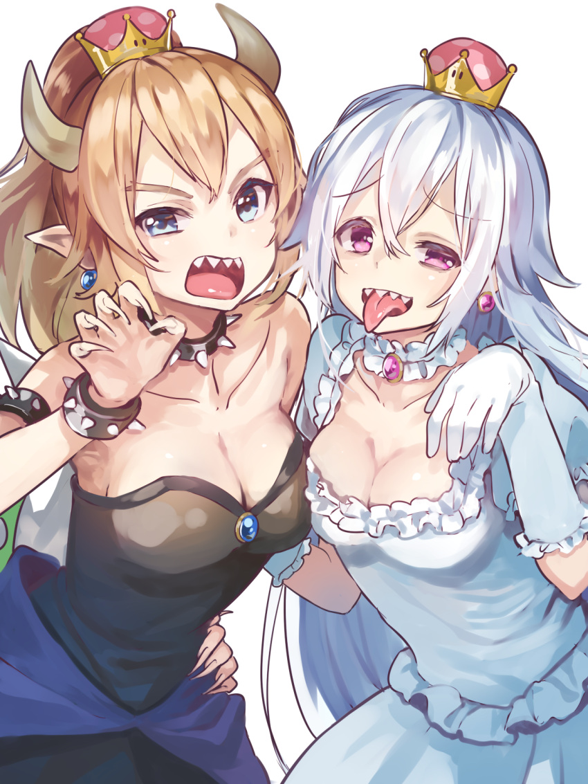 2girls black_dress bowsette breast_press breasts brooch choker claw_pose cleavage collar collarbone crown dress elbow_gloves eyebrows_visible_through_hair fingernails frilled_choker frills gloves hair_between_eyes hand_on_hip highres horns jewelry long_fingernails long_hair looking_at_viewer luigi's_mansion super_mario_bros. multiple_girls new_super_mario_bros._u_deluxe nintendo open_mouth pointy_ears pomu ponytail princess_king_boo red_eyes sharp_teeth silver_hair simple_background strapless strapless_dress studded_bracelet studded_collar super_crown teeth tongue tongue_out white_background white_dress white_gloves