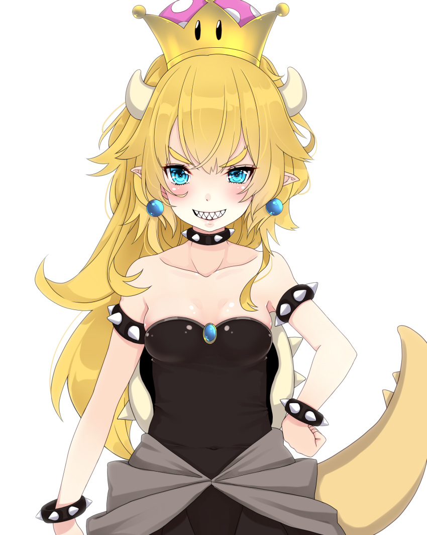 1girl armlet bangs bare_shoulders black_dress blonde_hair blue_eyes blush bowsette bracelet breasts collar collarbone commentary_request crown dress earrings evil_grin evil_smile eyebrows_visible_through_hair grin hair_between_eyes hand_on_hip highres jewelry kiyomin long_hair super_mario_bros. medium_breasts mini_crown new_super_mario_bros._u_deluxe nintendo pointy_ears sharp_teeth simple_background smile solo spiked_armlet spiked_bracelet spiked_collar spiked_tail spikes strapless strapless_dress super_crown tail teeth v-shaped_eyebrows very_long_hair white_background