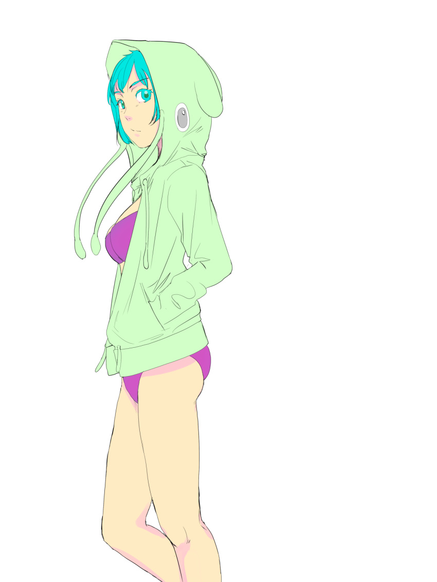 1girl bikini blue_eyes blue_hair breasts commentary_request contrapposto feet_out_of_frame from_side green_jacket hands_on_hips highres hood hood_up hooded_jacket hoodie jacket large_breasts limited_palette looking_at_viewer looking_to_the_side munakata_(hisahige) original purple_bikini short_hair simple_background solo standing swimsuit white_background