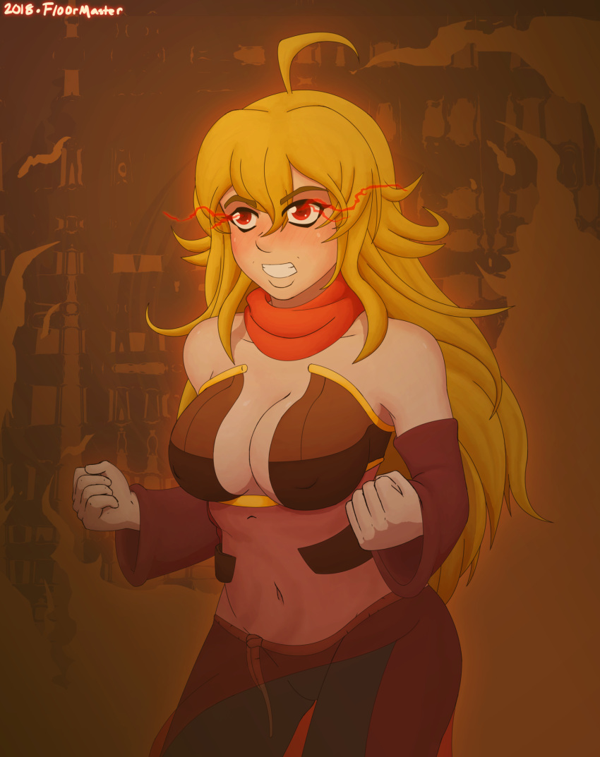 ahoge blonde_hair breasts building cleavage commentary english_commentary fire fl00rmaster highres large_breasts long_hair orange_background orange_scarf red_eyes rwby scarf sorceress tagme vambraces wavy_hair yang_xiao_long