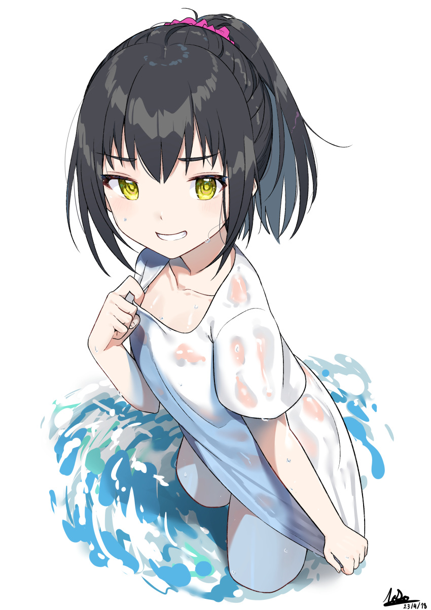 1girl 9nojo absurdres baggy_clothes bangs black_hair collarbone cowboy_shot droplet eyebrows_visible_through_hair flat_chest grin highres in_water looking_at_viewer original pale_skin ponytail purple_scrunchie ripples scrunchie see-through shirt shirt_pull short_sleeves simple_background smile solo standing t-shirt teeth water wet wet_clothes wet_shirt wet_t-shirt white_background white_shirt yellow_eyes