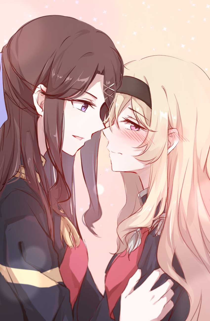 2girls absurdres bangs blonde_hair blue_eyes blush breasts brown_hair closed_mouth ears_visible_through_hair eyebrows_visible_through_hair gemi_25 hand_on_another's_shoulder highres long_hair looking_at_another multiple_girls open_mouth shoujo_kageki_revue_starlight simple_background violet_eyes yuri
