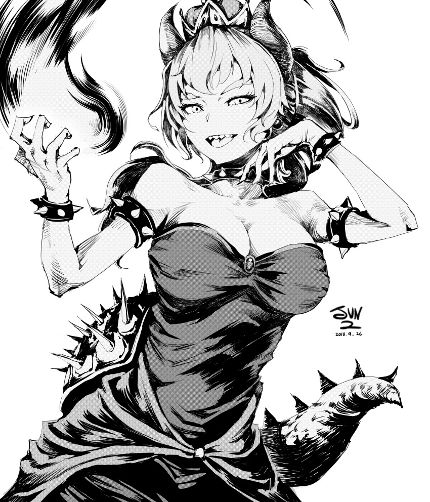 1girl absurdres artist_name bare_shoulders bowsette bracelet breasts cleavage collar crown dated dress fireball greyscale highres horns jewelry jun2 looking_at_viewer super_mario_bros. monochrome new_super_mario_bros._u_deluxe nintendo sharp_teeth simple_background solo spiked_bracelet spiked_collar spikes super_crown tail teeth
