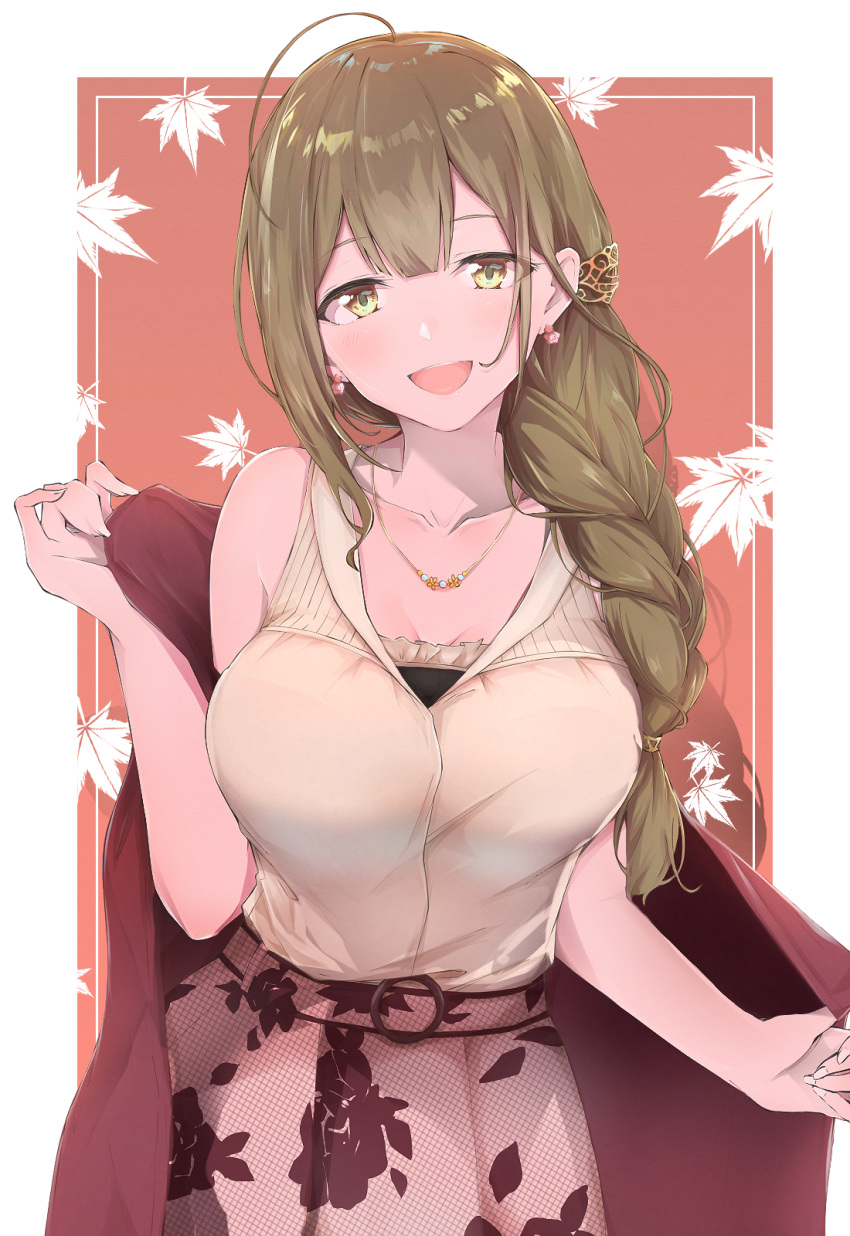 1girl ahoge bangs bow braid breasts brown_eyes brown_hair commentary_request eyebrows_visible_through_hair floral_print hair_bow highres idolmaster idolmaster_shiny_colors kuwayama_chiyuki large_breasts long_braid long_hair looking_at_viewer okuzashiki346 open_mouth red_skirt ribbon skirt smile solo