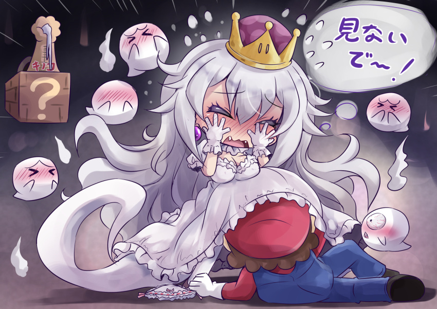 &gt;_&lt; 1boy 1girl blue_overalls blush boo breasts brown_hair chibi cleavage closed_eyes clothes_theft commentary_request crown dress earrings embarrassed eyelashes fangs full-face_blush geoduck ghost ghost_tail gloves hat head_under_clothes highres jewelry large_breasts long_hair mario super_mario_bros. new_super_mario_bros._u_deluxe nintendo open_mouth overalls panties panties_removed princess_king_boo red_hat red_shirt sekiguchi_miiru shirt super_crown theft underwear underwear_theft very_long_hair white_dress white_gloves white_hair
