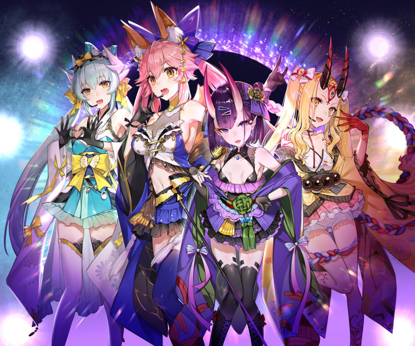 4girls :d alternate_costume animal_ears aqua_hair armpits backlighting bangs bare_shoulders black_legwear blonde_hair blue_legwear blush bob_cut body_markings boots bow breasts catsizuru cleavage cross-laced_footwear detached_sleeves earrings eyebrows_visible_through_hair facial_mark fang_out fangs fate/extra fate/grand_order fate_(series) fishnets fox_ears fox_tail gloves green_hair hair_between_eyes hair_bow hair_ornament hair_ribbon headset heart heart_hands highres holding holding_microphone horns ibaraki_douji_(fate/grand_order) idol japanese_clothes jewelry kimono kiyohime_(fate/grand_order) knee_boots lace-up_boots large_breasts leaning_forward leg_up light_particles lights long_hair looking_at_viewer microphone microphone_stand miniskirt multiple_girls navel oni oni_horns open_mouth pink_hair pointy_ears purple_hair revealing_clothes ribbon short_eyebrows short_hair shuten_douji_(fate/grand_order) skirt small_breasts smile standing standing_on_one_leg tail tamamo_(fate)_(all) tamamo_no_mae_(fate) tattoo thick_eyebrows thigh-highs thighs twintails very_long_hair violet_eyes white_legwear wide_sleeves yellow_eyes yellow_kimono