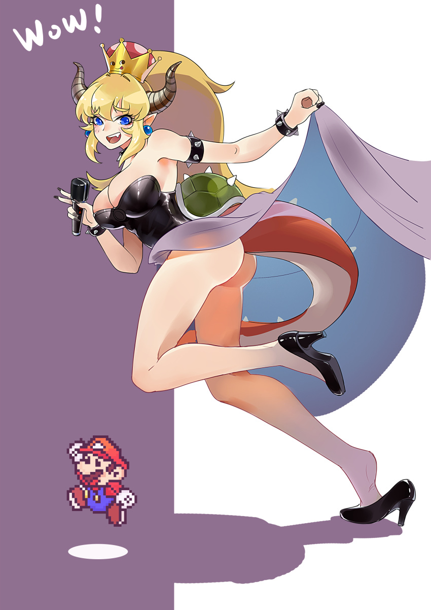 1boy 1girl absurdres ass bare_legs bare_shoulders black_leotard blonde_hair blue_eyes bowsette bracelet breasts chinese_commentary cleavage collar commentary_request expressive_clothes fang fingernails high_heels highres horns jewelry large_breasts leotard lifted_by_self long_fingernails long_hair mario super_mario_bros. microphone nail_polish new_super_mario_bros._u_deluxe nintendo open_mouth paper_mario pointy_ears ponytail shell showgirl_skirt skirt skirt_lift spiked_armlet spiked_bracelet spiked_collar spikes super_crown tail tehepero v yunawcg001