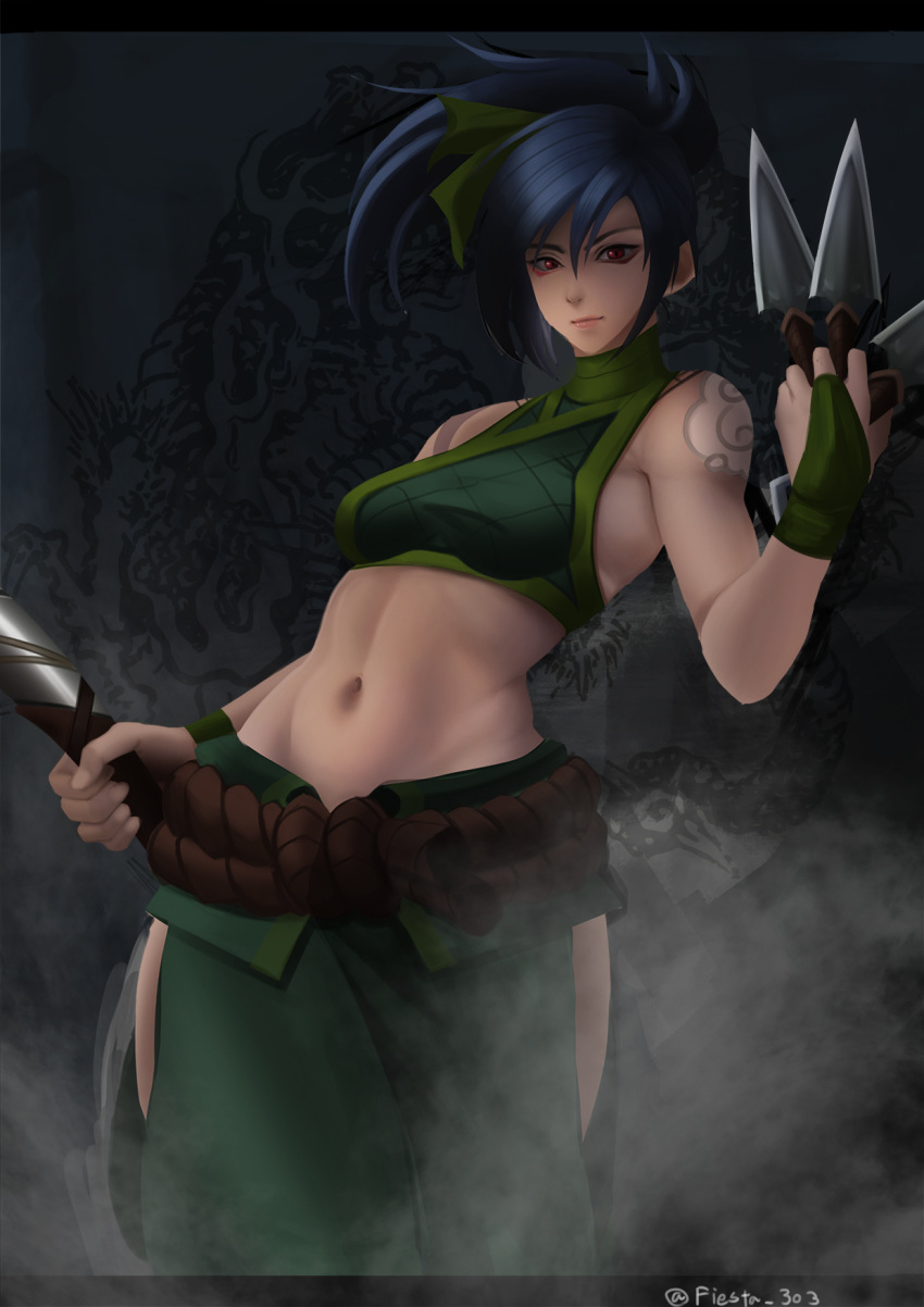 1girl abs akali breasts fiesta_(fiesta303) highres kama_(weapon) kunai league_of_legends long_hair midriff ponytail red_eyes sickle smoke tattoo weapon