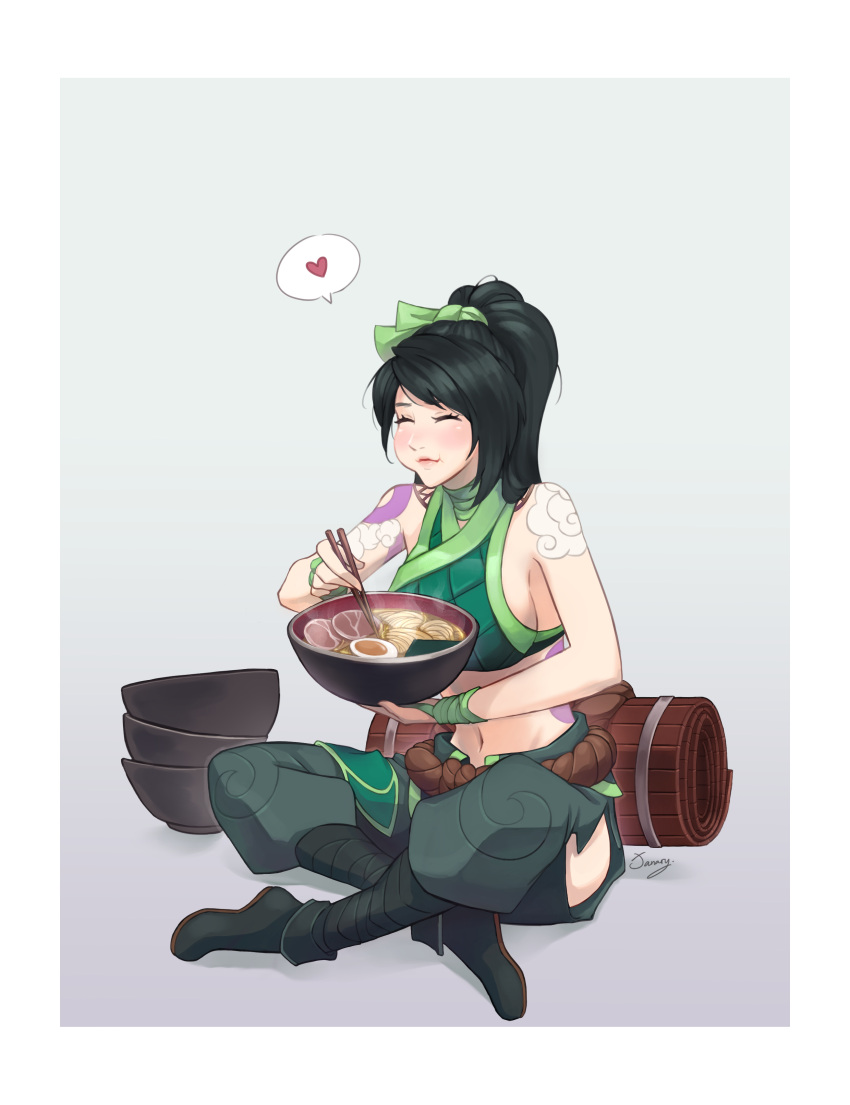 1girl abs absurdres akali black_hair blush bowl breasts eating food food_in_mouth happy heart highres janaryart league_of_legends long_hair midriff ninja noodles ponytail ramen scroll sideboob tattoo