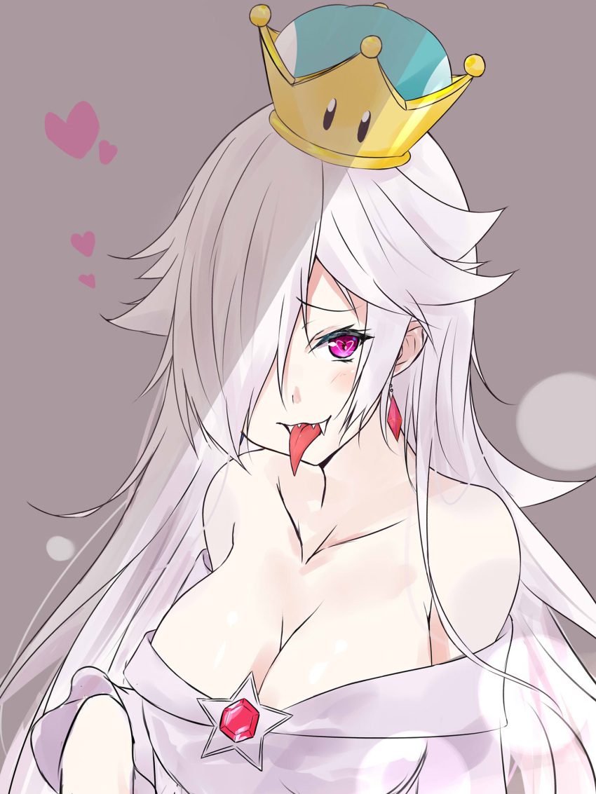 1girl bare_shoulders breasts cleavage collarbone commentary_request crown dress fusion hair_over_one_eye heart highres large_breasts long_hair luigi's_mansion super_mario_bros. new_super_mario_bros._u_deluxe nintendo pale_skin princess_king_boo red_eyes rosetta_(mario) saku_(kudrove) sharp_teeth simple_background star strapless strapless_dress super_crown super_mario_galaxy teeth tongue tongue_out very_long_hair white_dress white_hair