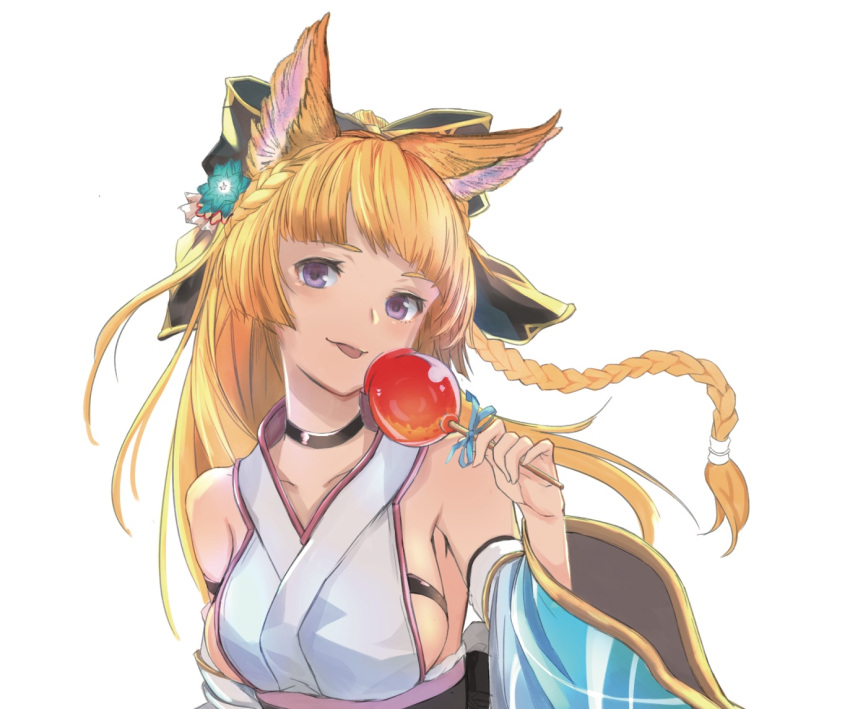 1girl animal_ears blonde_hair braid breasts choker detached_sleeves fox_ears granblue_fantasy hair_ornament hair_ribbon japanese_clothes long_hair looking_at_viewer open open_mouth ribbon sideboob simple_background solo white_background yooguretto yuisis_(granblue_fantasy)