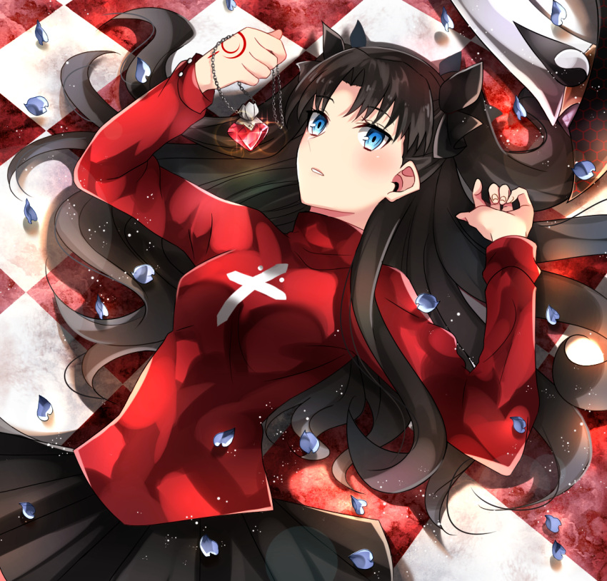 1girl black_bow black_hair black_skirt blue_eyes bow checkered checkered_background eyebrows_visible_through_hair fate/stay_night fate_(series) from_above getsuyoubi hair_bow holding_necklace jewelry jewelry_removed long_hair lying miniskirt necklace necklace_removed on_back parted_lips petals pleated_skirt red_sweater skirt solo sweater tohsaka_rin twintails very_long_hair