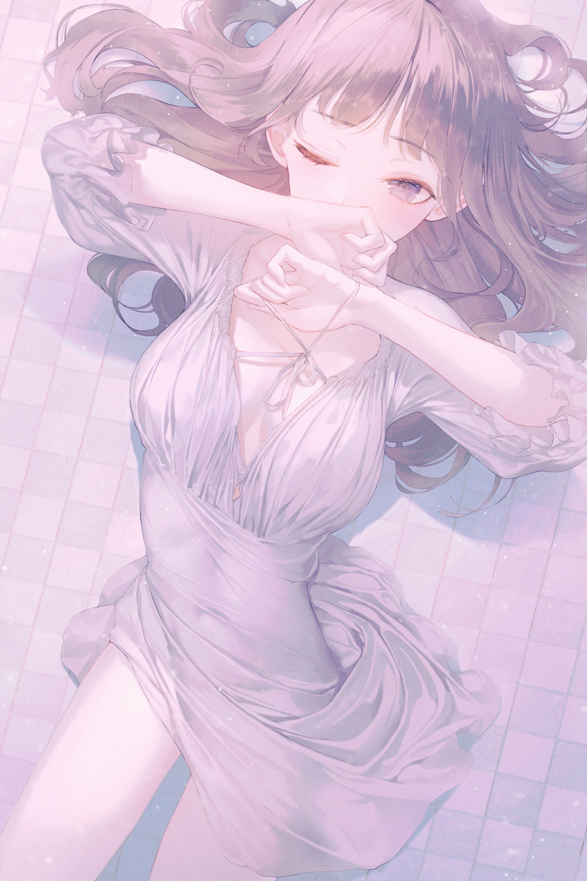 1girl absurdres blush brown_hair covered_mouth covered_navel dress eyebrows_visible_through_hair fingernails frills from_above grey_dress grey_eyes highres long_fingernails long_hair looking_up lying on_back one_eye_closed original seol solo white_dress