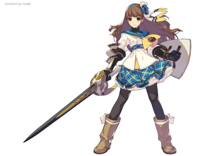 1girl black_gloves black_legwear blue_sailor_collar blue_skirt boots bow brown_footwear brown_hair closed_mouth copyright_request dress earrings floating_hair full_body gloves green_eyes hair_bow hairband highres holding holding_shield holding_sword holding_weapon jewelry kotatsu_(g-rough) legs_apart long_hair looking_at_viewer making-of_available official_art pantyhose sailor_collar sailor_dress shield simple_background skirt smile solo standing sword weapon white_background yellow_neckwear