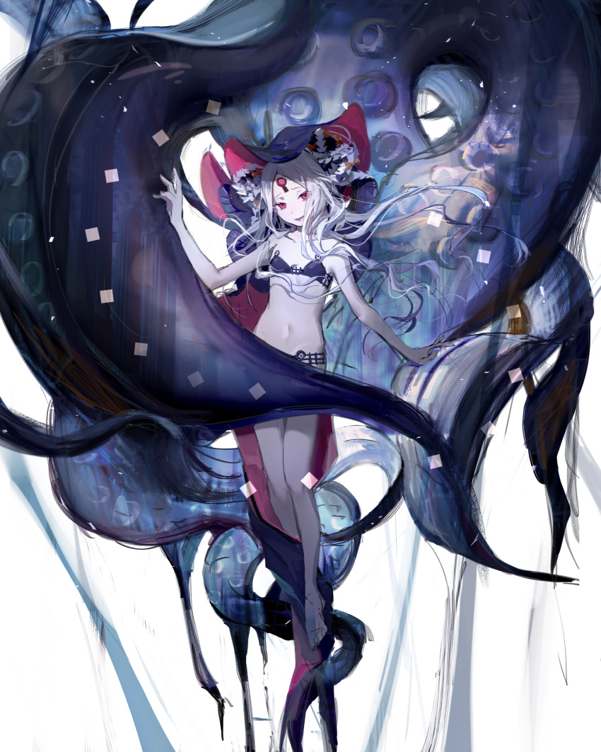 1girl abigail_williams_(fate) abigail_williams_(swimsuit_foreigner)_(fate) absurdres bangs bare_shoulders black_bow black_headwear bow breasts colored_skin fate/grand_order fate_(series) forehead hat highres keyhole long_hair multiple_bows navel orange_bow parted_bangs qing_yu red_eyes small_breasts tentacles third_eye white_hair white_skin witch_hat
