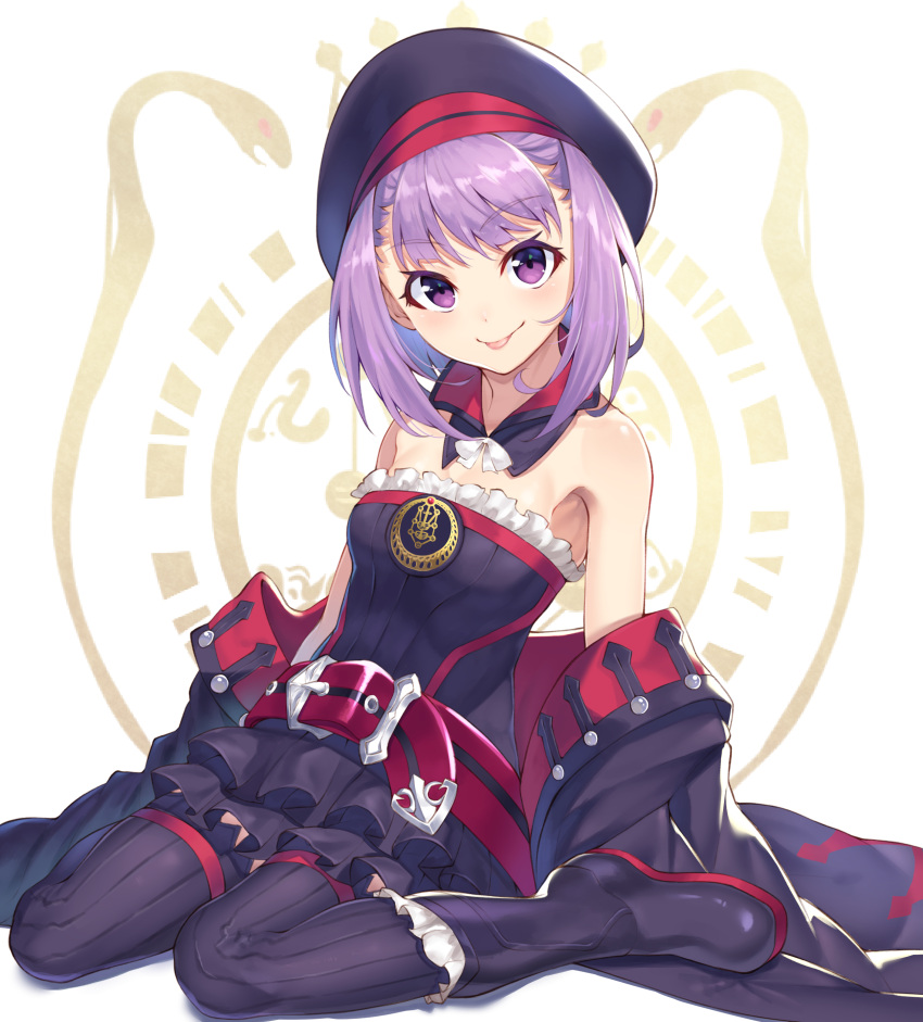 1girl absurdres arm_support bangs bare_shoulders belt black_footwear black_hat black_legwear blush breasts closed_mouth collarbone commentary_request detached_collar detached_sleeves dress eyebrows_visible_through_hair fate/grand_order fate_(series) frilled_skirt frills full_body hair_between_eyes hat helena_blavatsky_(fate/grand_order) highres joker_(tomakin524) layered_skirt looking_at_viewer miniskirt purple_hair shiny shiny_hair shiny_skin short_hair sitting skirt small_breasts smile solo strapless strapless_dress tongue tongue_out violet_eyes