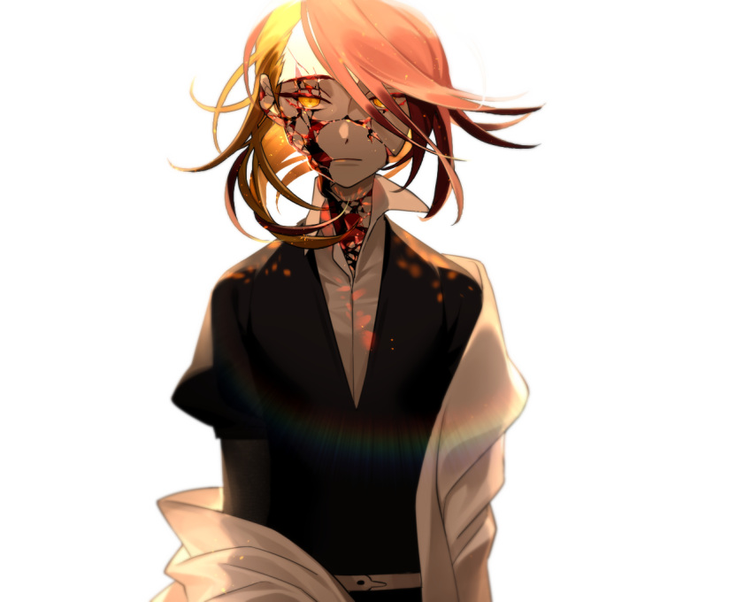 1other androgynous asymmetrical_hair blonde_hair broken cao_hong_anh cracked expressionless gem gem_uniform_(houseki_no_kuni) glowing glowing_hair hair_over_one_eye houseki_no_kuni labcoat looking_at_viewer multicolored_hair off_shoulder redhead rutile_(houseki_no_kuni) short_hair solo two-tone_hair upper_body white_background yellow_eyes