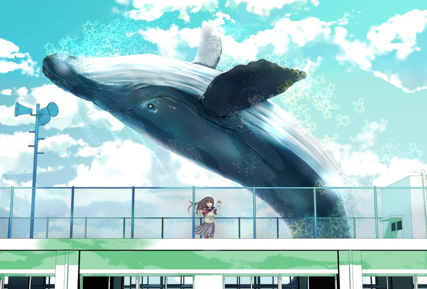 1girl black_sailor_collar blue_sky brown_hair chain-link_fence clouds cloudy_sky commentary_request day fence flying_whale grey_skirt hands_up long_hair looking_at_viewer munakata_(hisahige) neckerchief on_roof original outdoors parted_lips pleated_skirt red_neckwear rooftop sailor_collar school_uniform serafuku shirt skirt sky solo speaker white_shirt