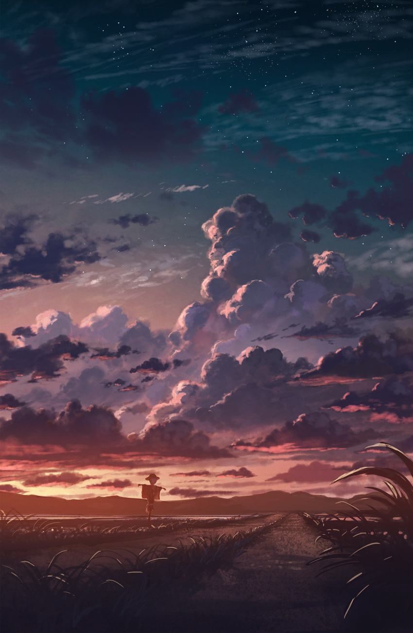 clouds cloudy_sky grass highres night night_sky no_humans original outdoors scarecrow scenery sky sugi87 sunset