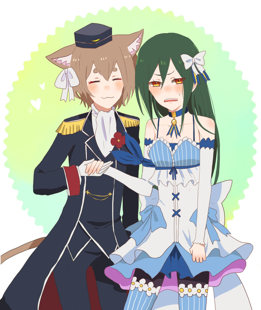 1boy 1girl absurdres animal_ears blush brown_hair cat_ears crusch_karsten felix_argyle green_hair highres re:zero_kara_hajimeru_isekai_seikatsu same_height