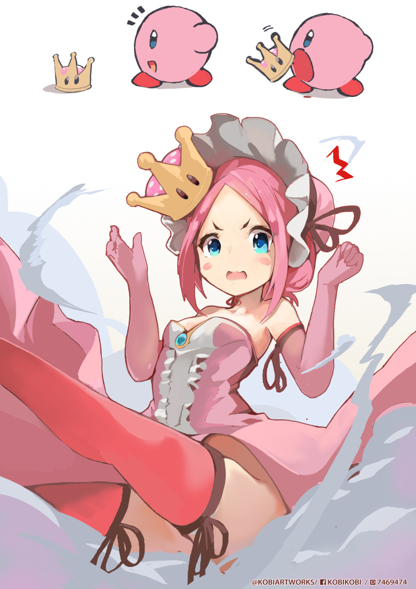 /\/\/\ 1girl absurdres artist_name bangs bare_shoulders blue_brooch blue_eyes blush_stickers bonnet breasts clenched_hand collarbone commentary crown dress elbow_gloves facebook_username frilled_dress frilled_hat frills gloves hat highres kirby kirby_(series) looking_at_viewer super_mario_bros. mini_crown new_super_mario_bros._u_deluxe nintendo open_mouth outstretched_leg parted_bangs personification piliheros2000 pink_dress pink_gloves pink_hair pink_hat pixiv_id ribbon-trimmed_gloves ribbon-trimmed_legwear ribbon_trim sidelocks simple_background small_breasts strapless strapless_dress super_crown surprised thigh-highs transformation twitter_username v-shaped_eyebrows w_arms wavy_mouth white_background